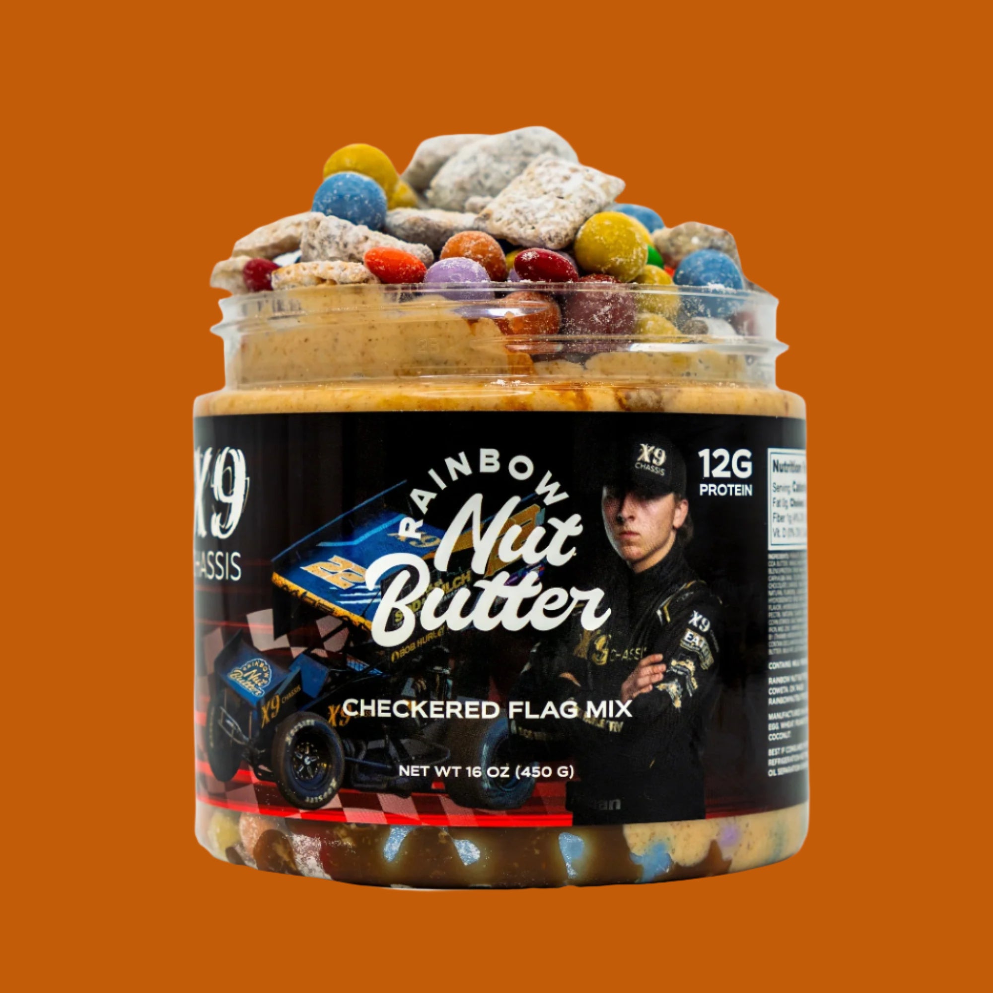 Checkered Flag Muddy Buddy Puppy Chow Chex Mix Peanut Butter Treat with Caramel M&M's Whey Protein Balls Chocolate