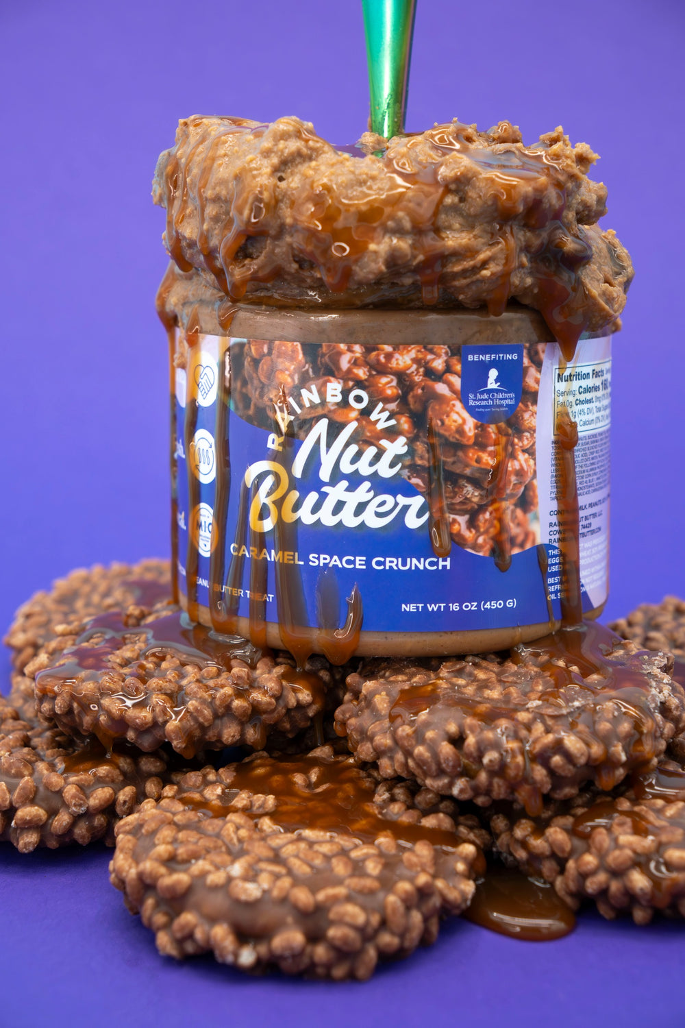 SPACE CRUNCH Caramel Peanut Butter Treat Flavor Sweet Dessert  Snack Crunchy Chocolate Indulgent Creamy Rainbow Nut Butter