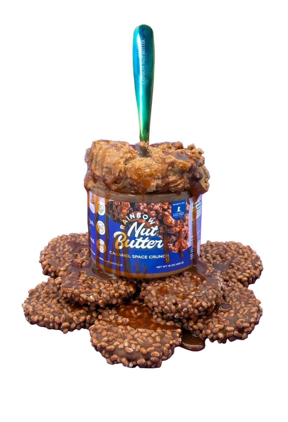 SPACE CRUNCH Caramel Peanut Butter Treat Flavor Sweet Dessert  Snack Crunchy Chocolate Indulgent Creamy Rainbow Nut Butter