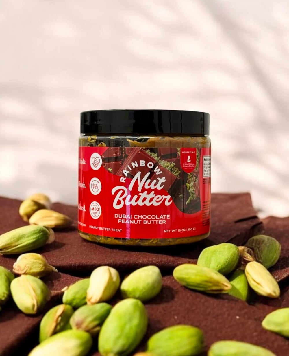 DUBAI PEANUT BUTTER Pistachio Nut Butter - Creamy Milk Chocolate Peanut Butter with Baked Kataifi Crunch Dessert Snack Treat