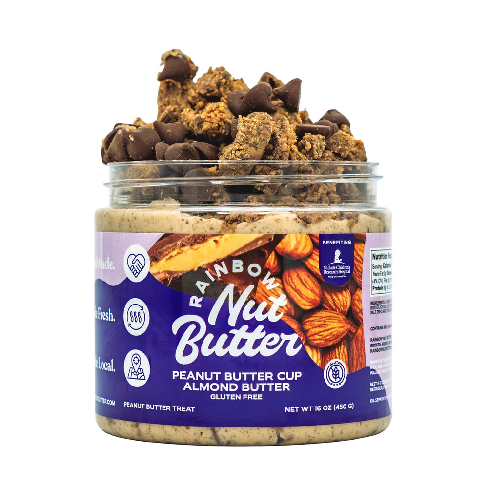ALMOND BUTTER PEANUT BUTTER CUP Rainbow Nut Butter Almond Butter Gluten Free Creamy & Crunchy Chocolate Flavor Chocolatey Snacks Gluten Free