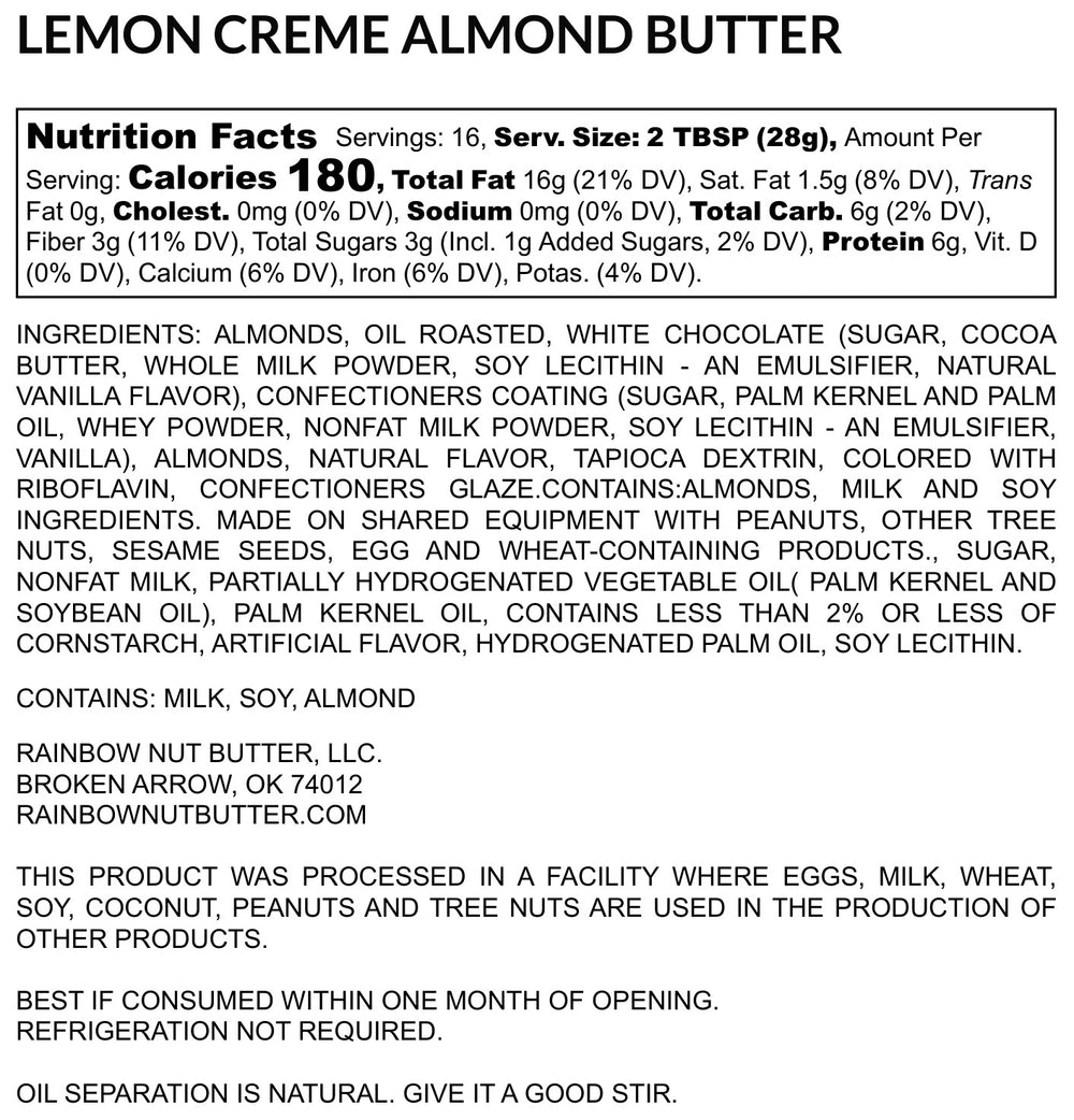 LEMON ALMOND BUTTER Nut Butter Treat Spread White Chocolate Dessert Dip Sweet Creamy Flavor High Protein Snack for Kids Rainbow Nut Butter